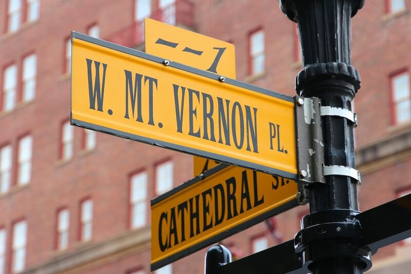 Street Sign for Cathedral Street and West Mount Vernon Place in Baltimore, MD