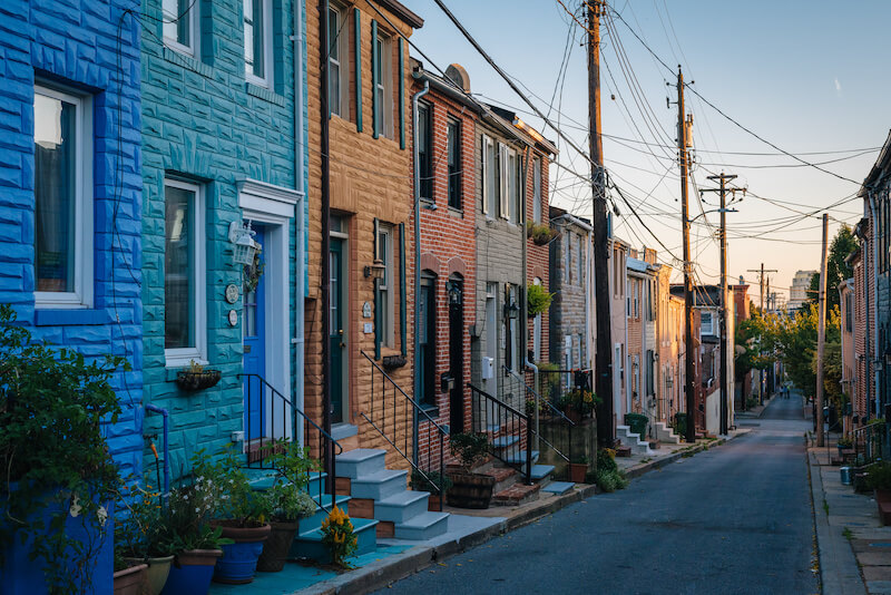 Colorful Rowhouses in Butchers Hill Neighborhood in Baltimore, MD