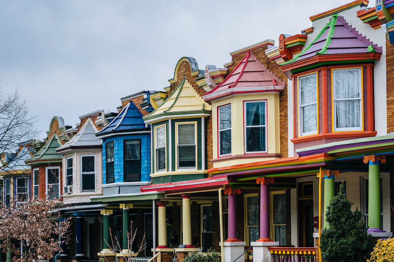 Painted Ladies Townhouses in Charles Village Neighborhood in Baltimore, MD