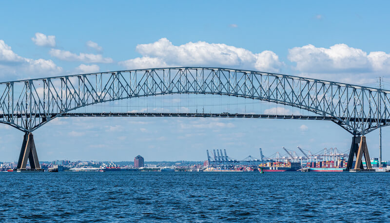 Francis Scott Key Bridge and Cargo Ships in Baltimore Harbor